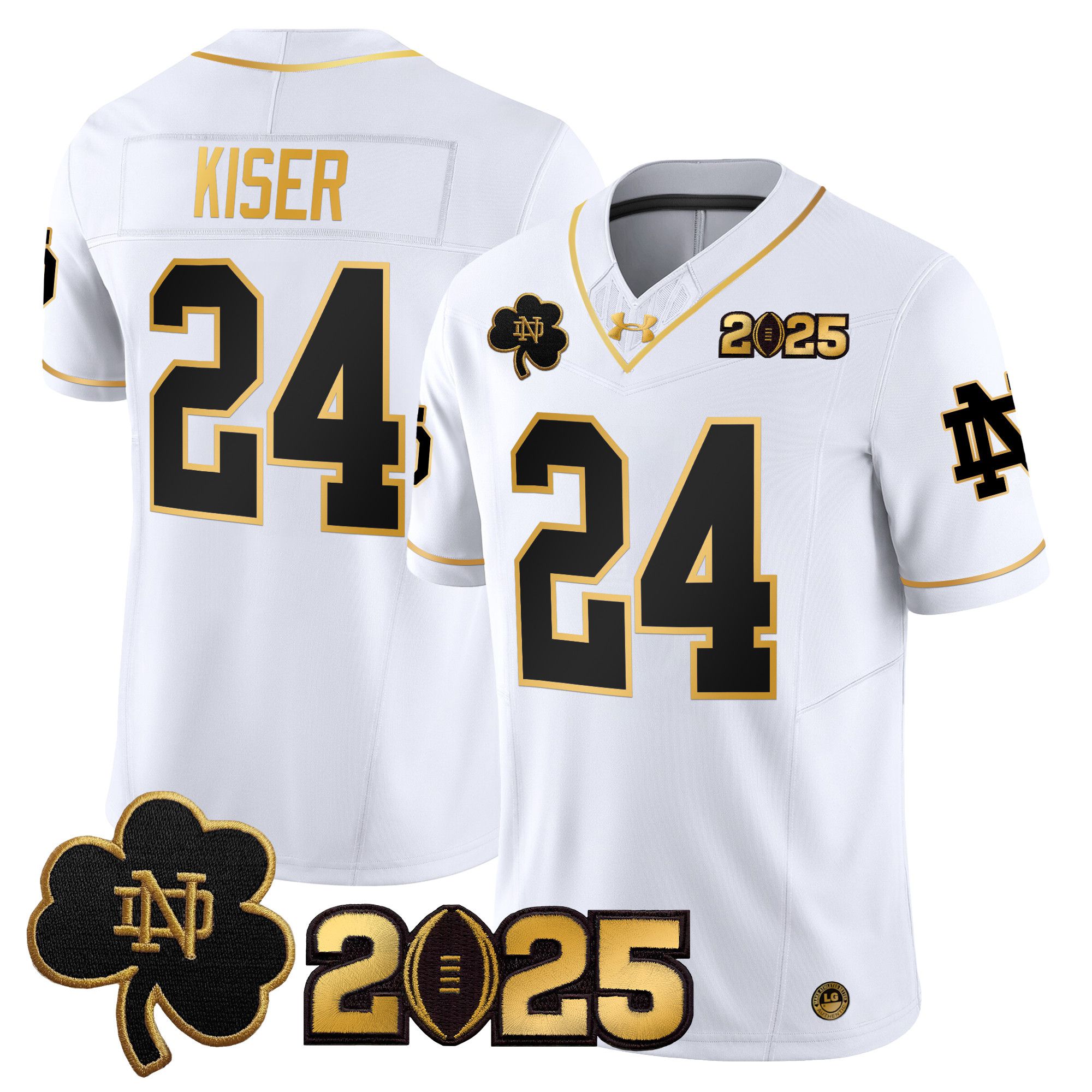 Men Notre Dame Fighting Irish #24 Kiser White 2025 CFP Final Patch Gold Vapor Limited NCAA Jersey
